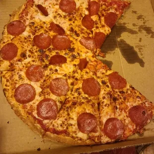Pepperoni pizza (minus a couple slices)