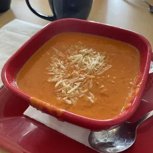 Roasted red pepper and Gouda soup.