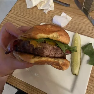 a person holding a hamburger and a pickle