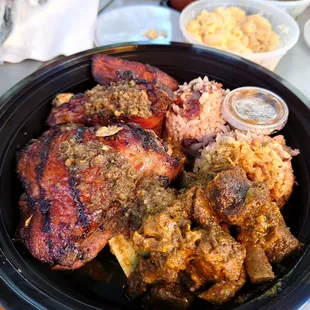 Jerk chicken and curry goat.