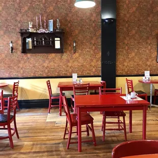 red tables and chairs
