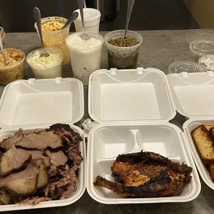 Take out brisket, half chicken, cornbread, green beans, coleslaw, corn pudding, Mac n cheese
