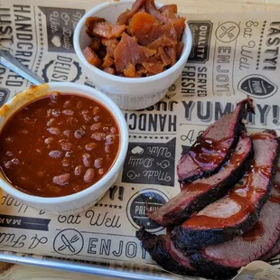 Baked beans, yams, and brisket