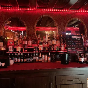 a bar with red lights
