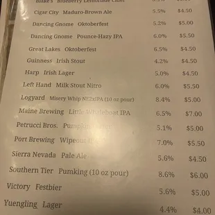Beer menu