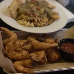 Beer Battered Shrimp Basket with waffle fries smothered in green chili