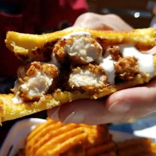 Chicken strip sandwich on Texas toast.