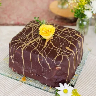 Chocolate ganache covered salted caramel chocolate cake