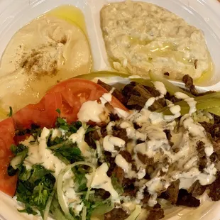 Beef shawarma plate with hummus and baba ganoush.