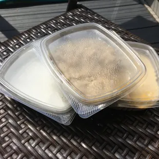 Baba Ganoush (top), Armenian Tzaziki sauce (left), Hummus (right)