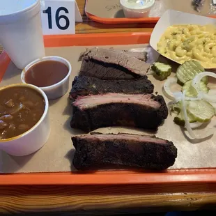 Brisket, ribs, jalapeño Mac and cheese with beans
