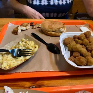 Okra Jalapeno Mac and Cheese and a chicken sandwich