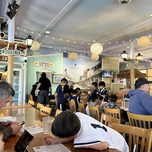 people sitting at tables in a restaurant