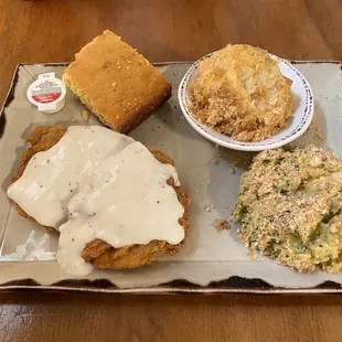 Chicken Fried Chicken, hash brown casserole, broccoli casserole, and cornbread.