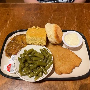 1 piece cod, sweet potato casserole, green beans and lots of bread