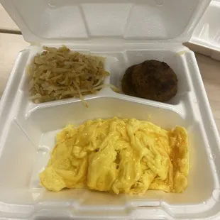 Back in the Day Breakfast Special scrambled cheese on top, hash-brown shredded and sausage