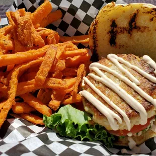 Crab cake sandwich with sweet potato fries