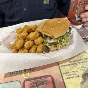 Cajun burger and Cajun tots
