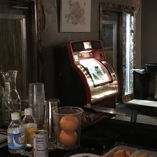 Jukebox, the front door and the door to the patio.
