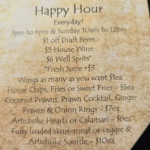 Menu for happy hour