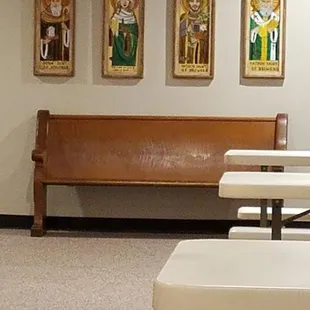 a row of empty tables in a church