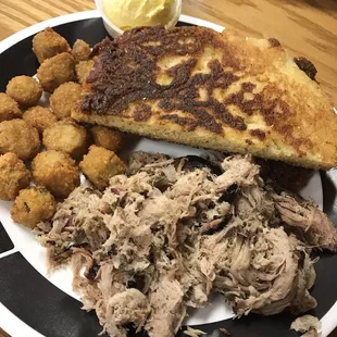 Smoked pork bbq with fried okra and fried cornbread. OMG. YUMMMM!