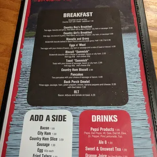a menu for breakfast and drinks
