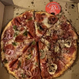 Half New Mexican and Half Norm with bacon instead of black olives