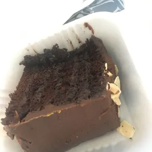 Layered chocolate cake with chocolate frosting &amp; almonds