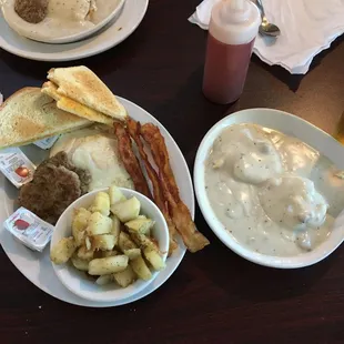 Big breakfast: bacon, sausage, biscuits &amp; gravy, 2 eggs, toast, fried potatoes.