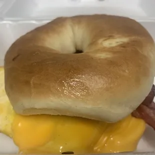 My deluxe bagel sandwich with bacon. It was huge and tasty. I was full past lunchtime!