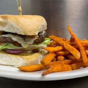 Swiss Burger with Sweet Potato Fries