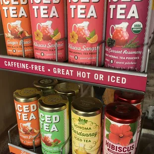 a shelf of iced tea