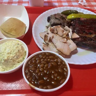 3 Meat Combo Ribs, Turkey, and Brisket.  Baked Beans and Potato Salad!