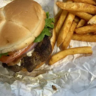 Black and Blue Burger with Seasoned Fries