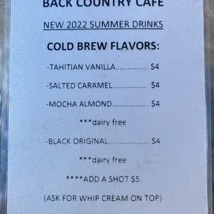 Menu as of August 2022