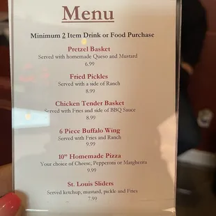 Comedy club menu