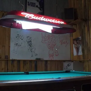 pool table and neon sign