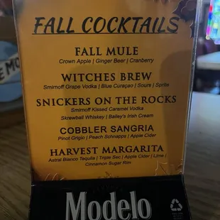 Fall Cocktail menu