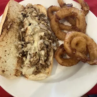 Chicken cheesesteak and onion rings