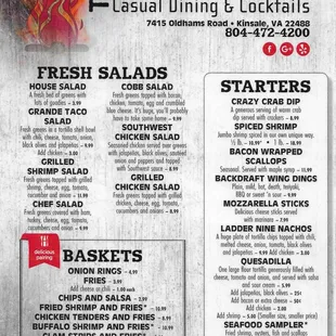 the menu for the backdraft casual dining and cocktails