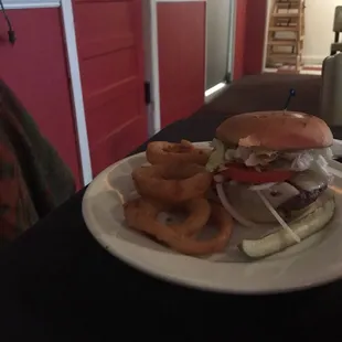 Burger &amp; onion rings