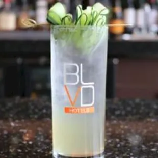 a cocktail with cucumber garnish in a tall glass