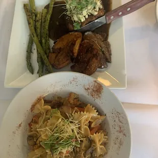 Creole pasta and Black &apos;n Bleu filet