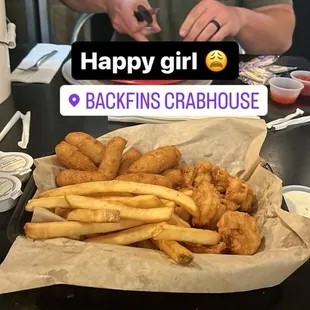 Fried Shrimp Basket with Hush Puppies and Fries. Oysters.