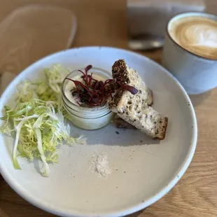Coddled egg and oat milk latte