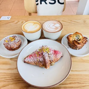 Passion fruit Kouign-amann, Pistachio raspberry croissant, Everything croissant with Cardamom latte and Hot Chocolate