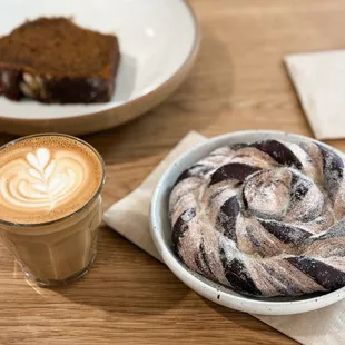 Cardamom swirl and Cortado. Pumpkin bread.