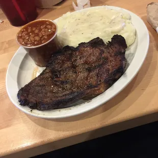 Cowboy Cut Prime Rib with Mashed Taters n Gravy and Baked Beans