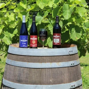 three bottles of wine on a barrel